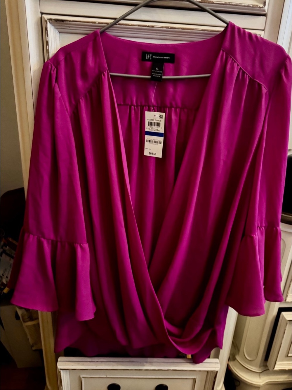 INC International Concepts Bright Fuchsia Wrap Blouse with Bell Sleeves - Picture 7 of 7